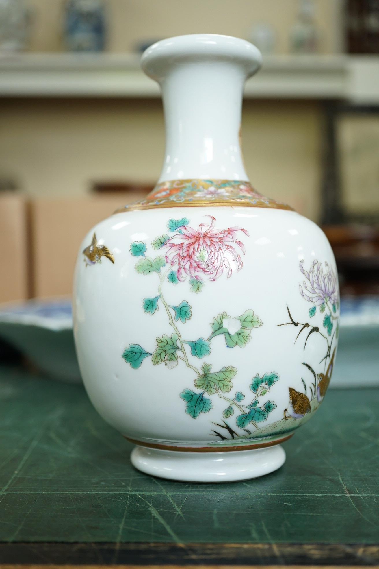 A Chinese inscribed famille rose ‘quail and chrysanthemum’ bottle vase, Hongxian four character mark but Republic period